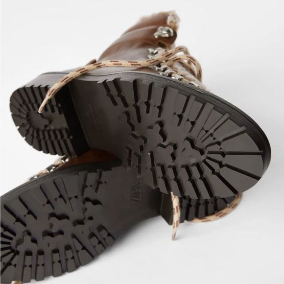 Zara Leather Lace Up Mountain Faux Fur Ankle Boots, Brown, Euro 38 (US 8), NWOT - Picture 15 of 15